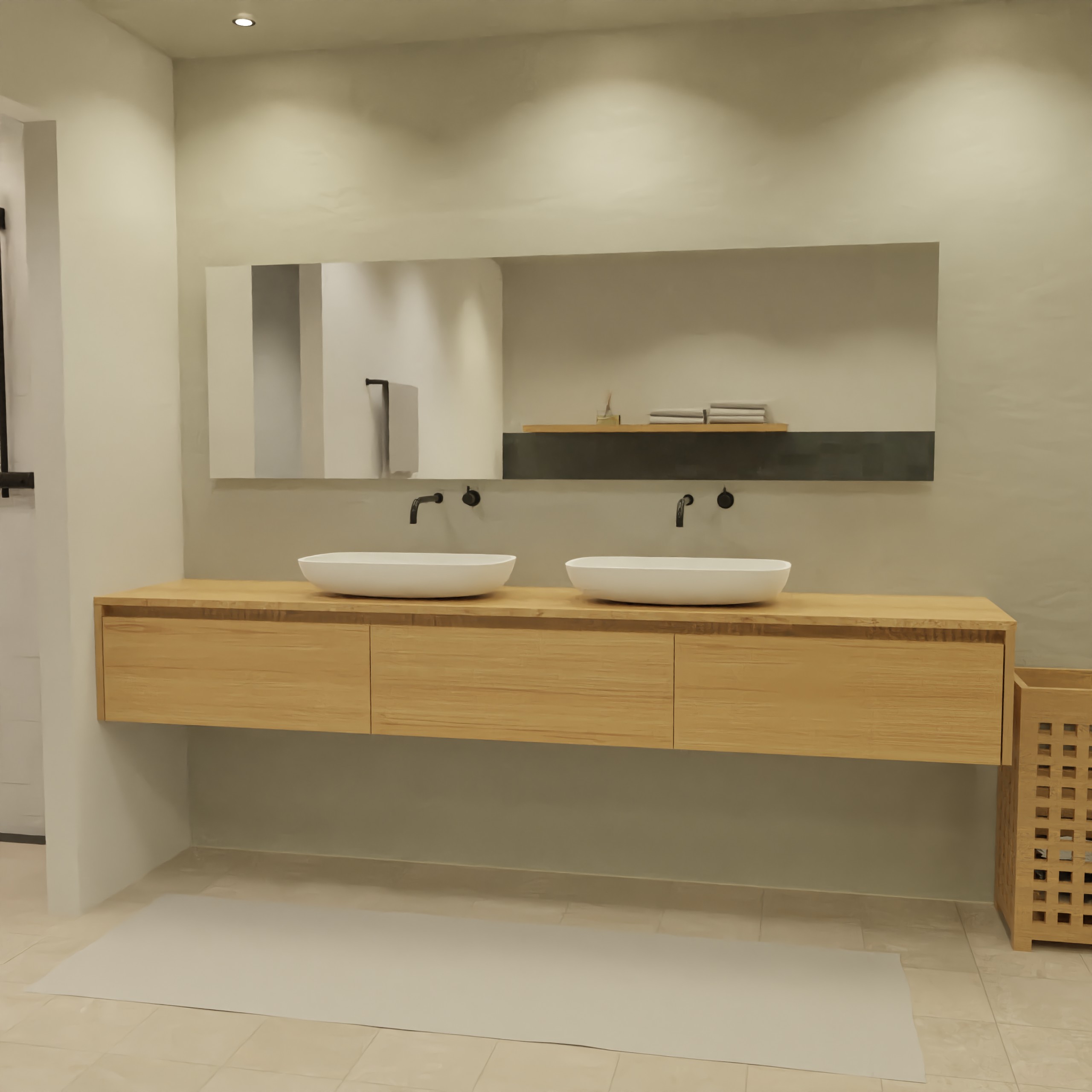 Maatwerk design wastafelmeubel, gemaakt van eiken hout fineer of eiken hout massief met een blad van eiken en 2 waskommen van Solid Surface. Het front te openen d.m.v. Greeplijst boven