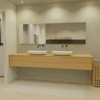 Maatwerk design wastafelmeubel, gemaakt van eiken hout fineer of eiken hout massief met een blad van eiken en 2 waskommen van Solid Surface. Het front te openen d.m.v. Push to Open