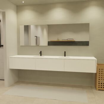 Maatwerk design badmeubel, gemaakt van Wit melamine of gespoten mdf met een blad van solid surface en 2 waskommen van Solid Surface. Het front te openen d.m.v. Push to Open