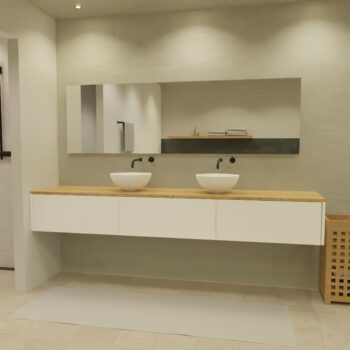 Maatwerk design badmeubel, gemaakt van Wit melamine of gespoten mdf met een blad van eiken en 2 waskommen van Solid Surface. Het front te openen d.m.v. Push to Open