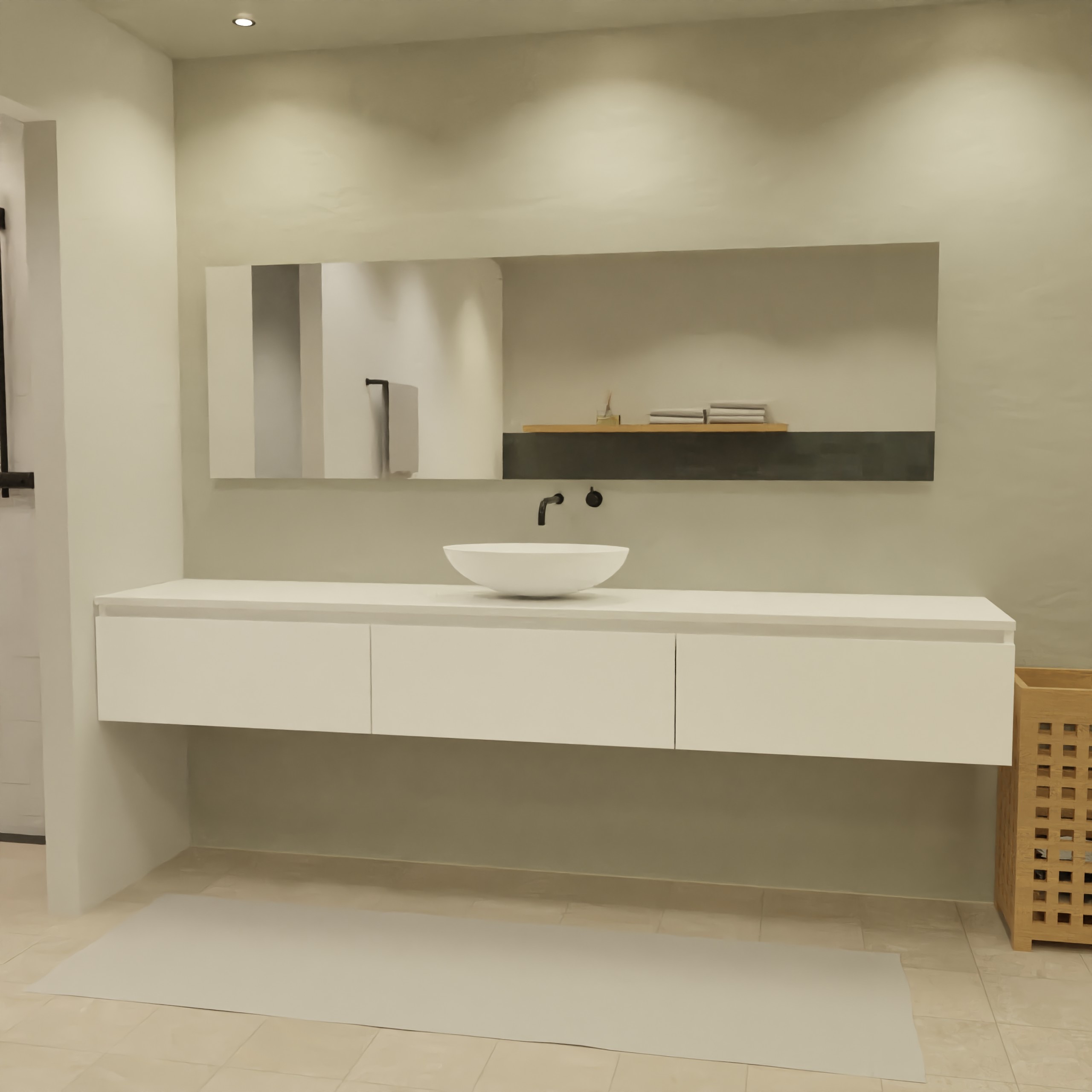 Maatwerk design wastafel onderkast, gemaakt van Wit melamine of gespoten mdf met een blad van solid surface en 1 waskom van Solid Surface. Het front te openen d.m.v. Greeplijst boven