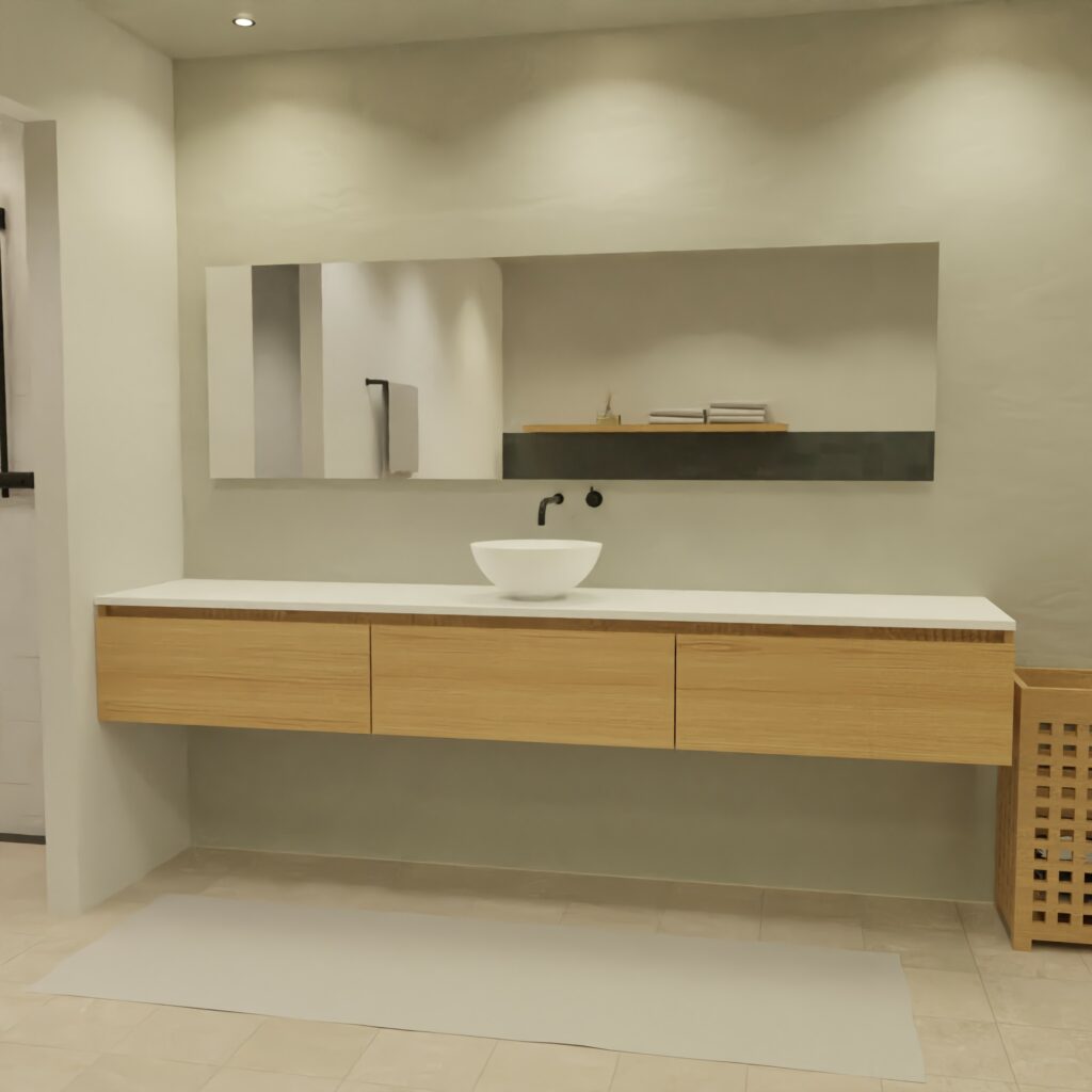 Maatwerk design badmeubel, gemaakt van eiken hout fineer of eiken hout massief met een blad van solid surface en 1 waskom van Solid Surface. Het front te openen d.m.v. Greeplijst boven