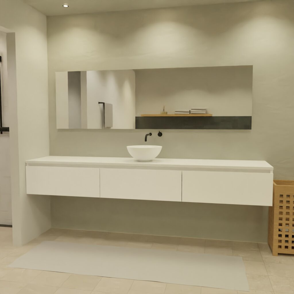Maatwerk design wastafel onderkast, gemaakt van Wit melamine of gespoten mdf met een blad van solid surface en 1 waskom van Solid Surface. Het front te openen d.m.v. Greeplijst boven