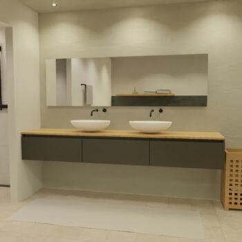 Maatwerk design wastafelmeubel, gemaakt van Zwart melamine of gespoten mdf met een blad van eiken en 2 waskommen van Solid Surface. Het front te openen d.m.v. Greeplijst boven