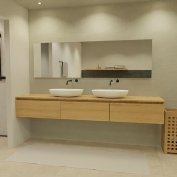 Maatwerk design wastafel onderkast, gemaakt van eiken hout fineer of eiken hout massief met een blad van eiken en 2 waskommen van Solid Surface. Het front te openen d.m.v. Greeplijst boven