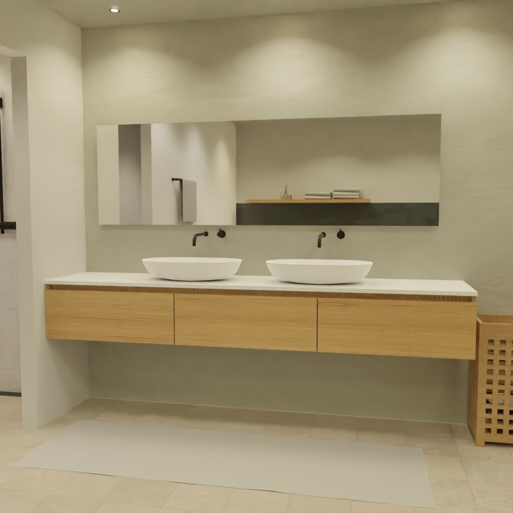 Maatwerk design wastafel onderkast, gemaakt van eiken hout fineer of eiken hout massief met een blad van solid surface en 2 waskommen van Solid Surface. Het front te openen d.m.v. Greeplijst boven