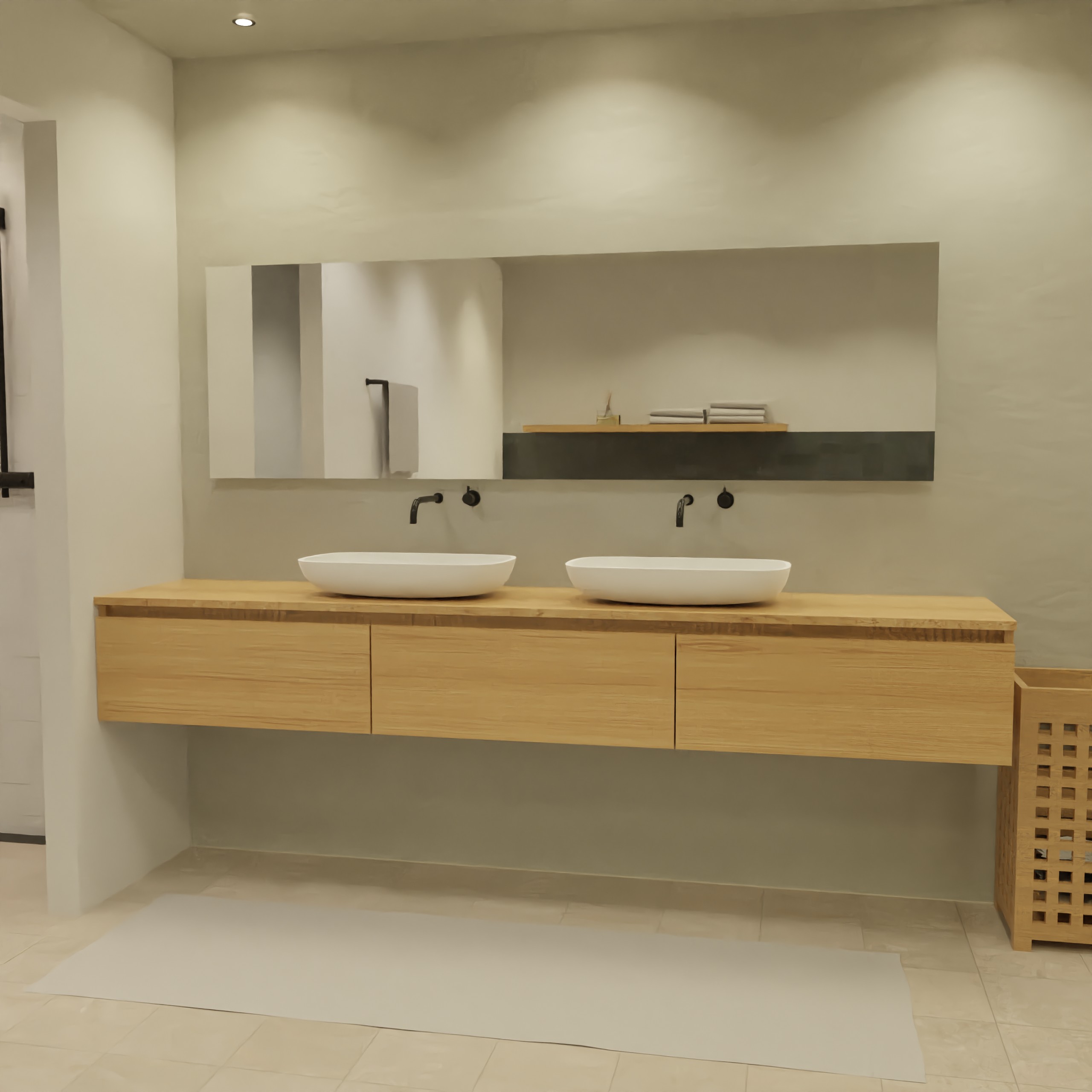 Maatwerk design badkamermeubel, gemaakt van eiken hout fineer of eiken hout massief met een blad van eiken en 2 waskommen van Solid Surface. Het front te openen d.m.v. Greeplijst boven