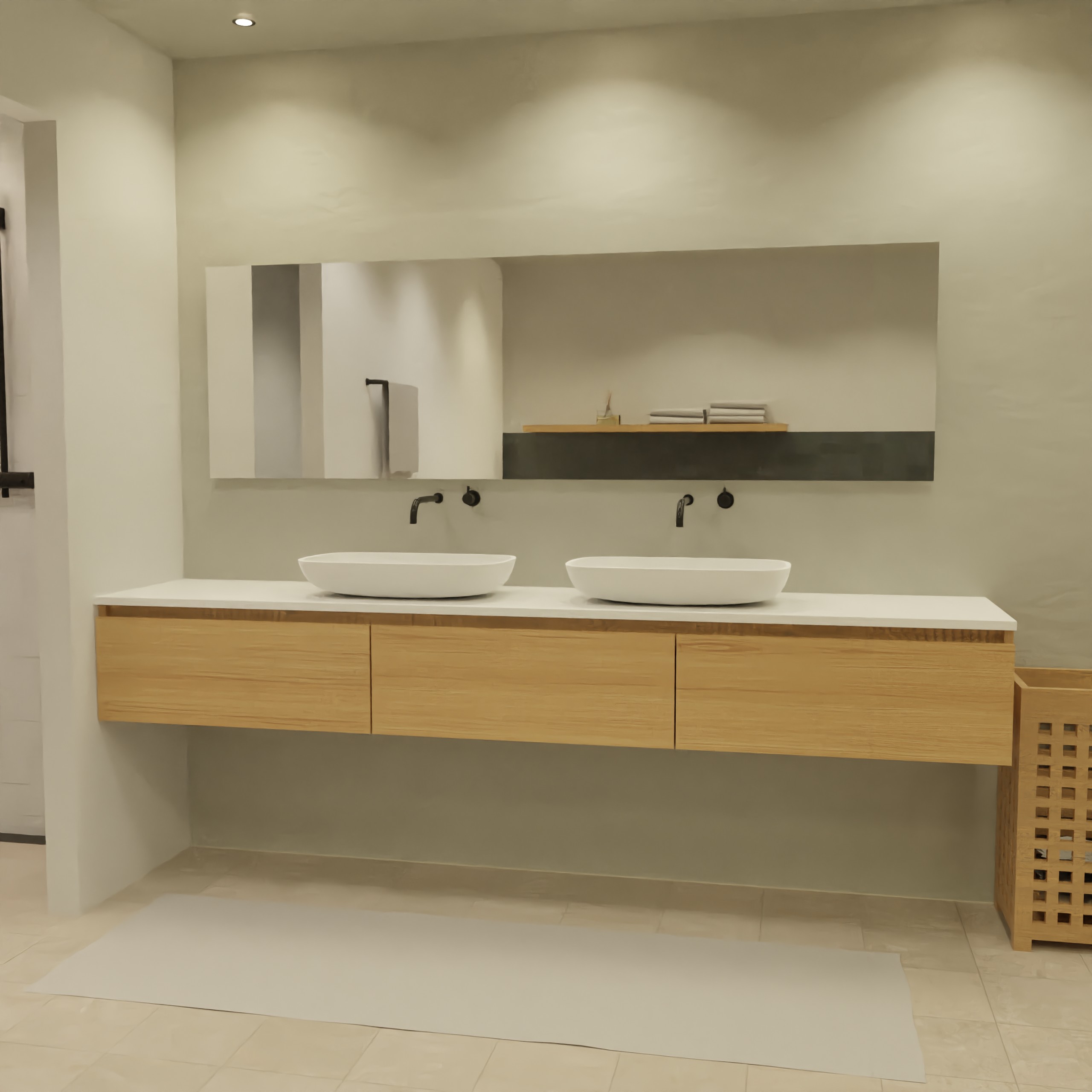 Maatwerk design badmeubel, gemaakt van eiken hout fineer of eiken hout massief met een blad van solid surface en 2 waskommen van Solid Surface. Het front te openen d.m.v. Greeplijst boven