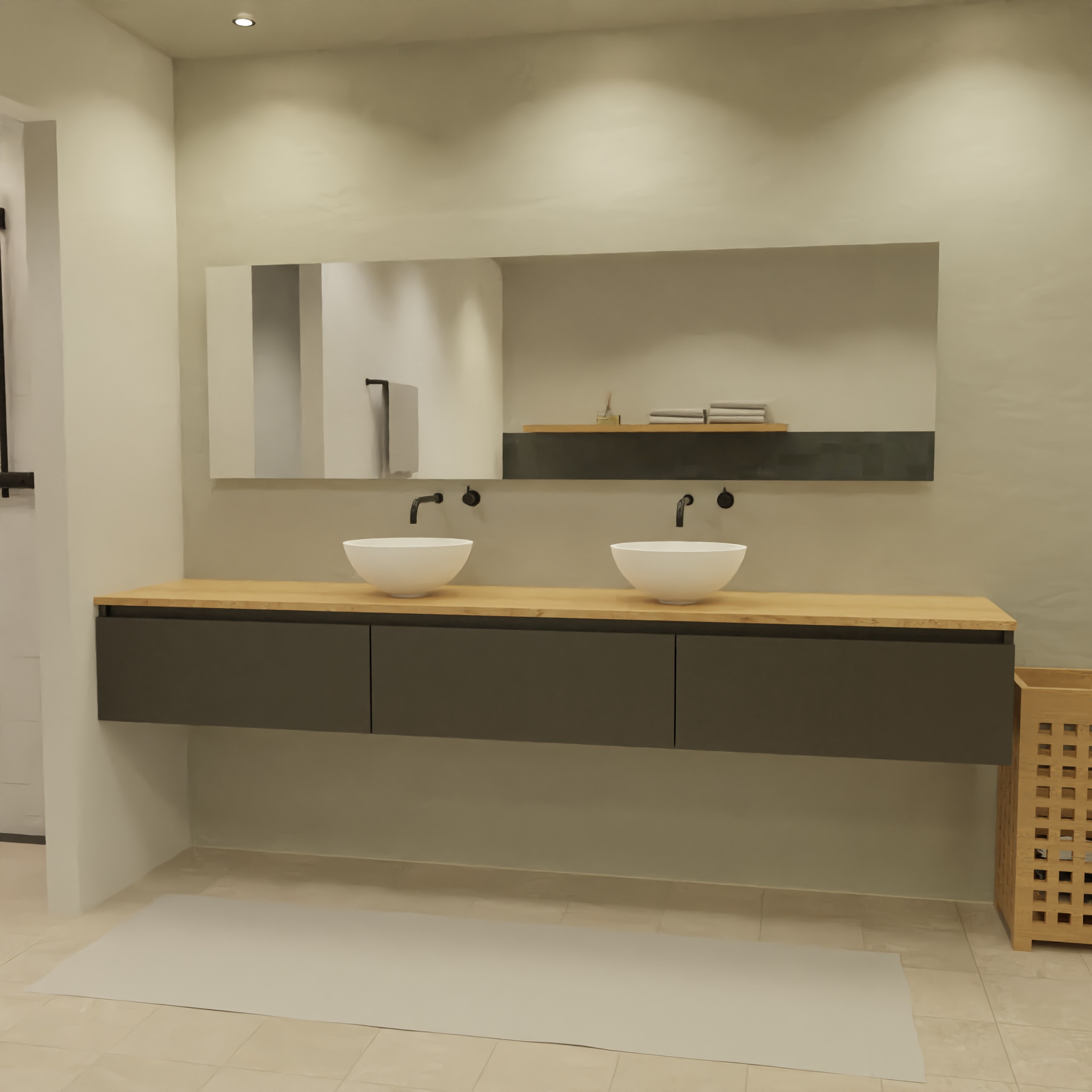 Maatwerk design badmeubel, gemaakt van Zwart melamine of gespoten mdf met een blad van eiken en 2 waskommen van Solid Surface. Het front te openen d.m.v. Greeplijst boven