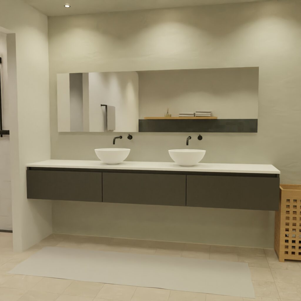 Maatwerk design wastafelmeubel, gemaakt van Zwart melamine of gespoten mdf met een blad van solid surface en 2 waskommen van Solid Surface. Het front te openen d.m.v. Greeplijst boven