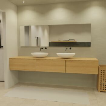 Maatwerk design badmeubel, gemaakt van eiken hout fineer of eiken hout massief met een blad van eiken en 2 waskommen van Solid Surface. Het front te openen d.m.v. Push to Open