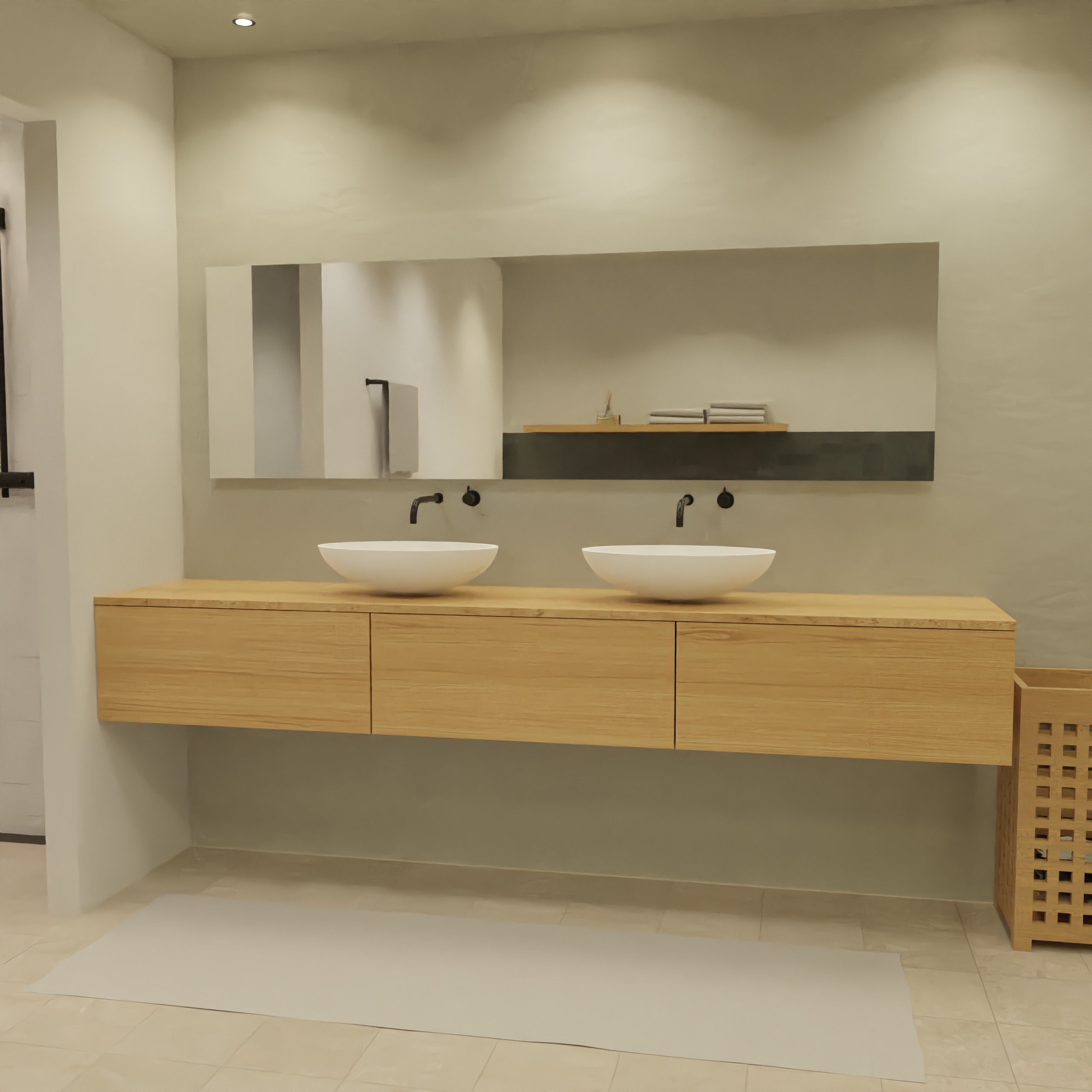 Maatwerk design badmeubel, gemaakt van eiken hout fineer of eiken hout massief met een blad van eiken en 2 waskommen van Solid Surface. Het front te openen d.m.v. Push to Open