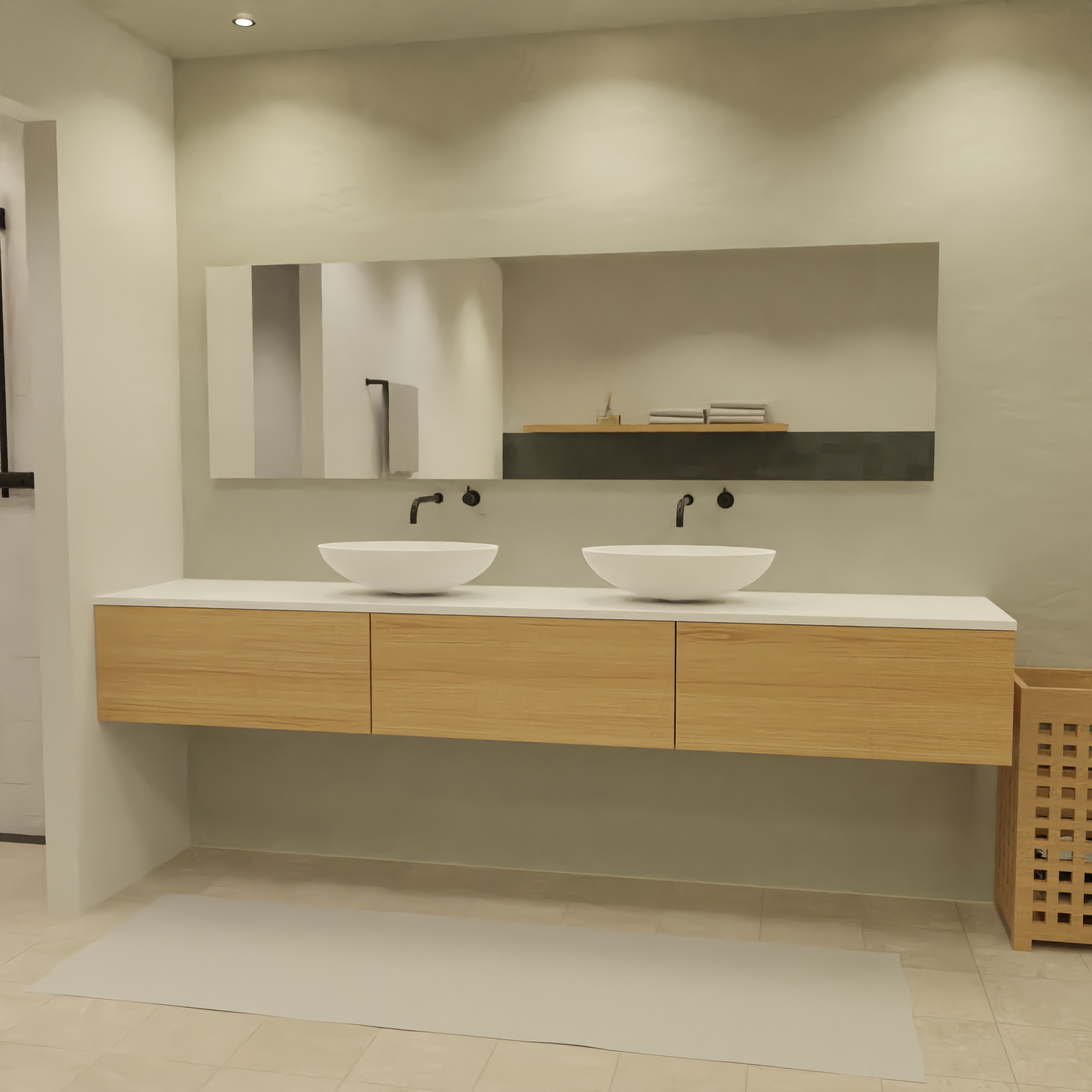 Maatwerk design badkamermeubel, gemaakt van eiken hout fineer of eiken hout massief met een blad van solid surface en 2 waskommen van Solid Surface. Het front te openen d.m.v. Push to Open