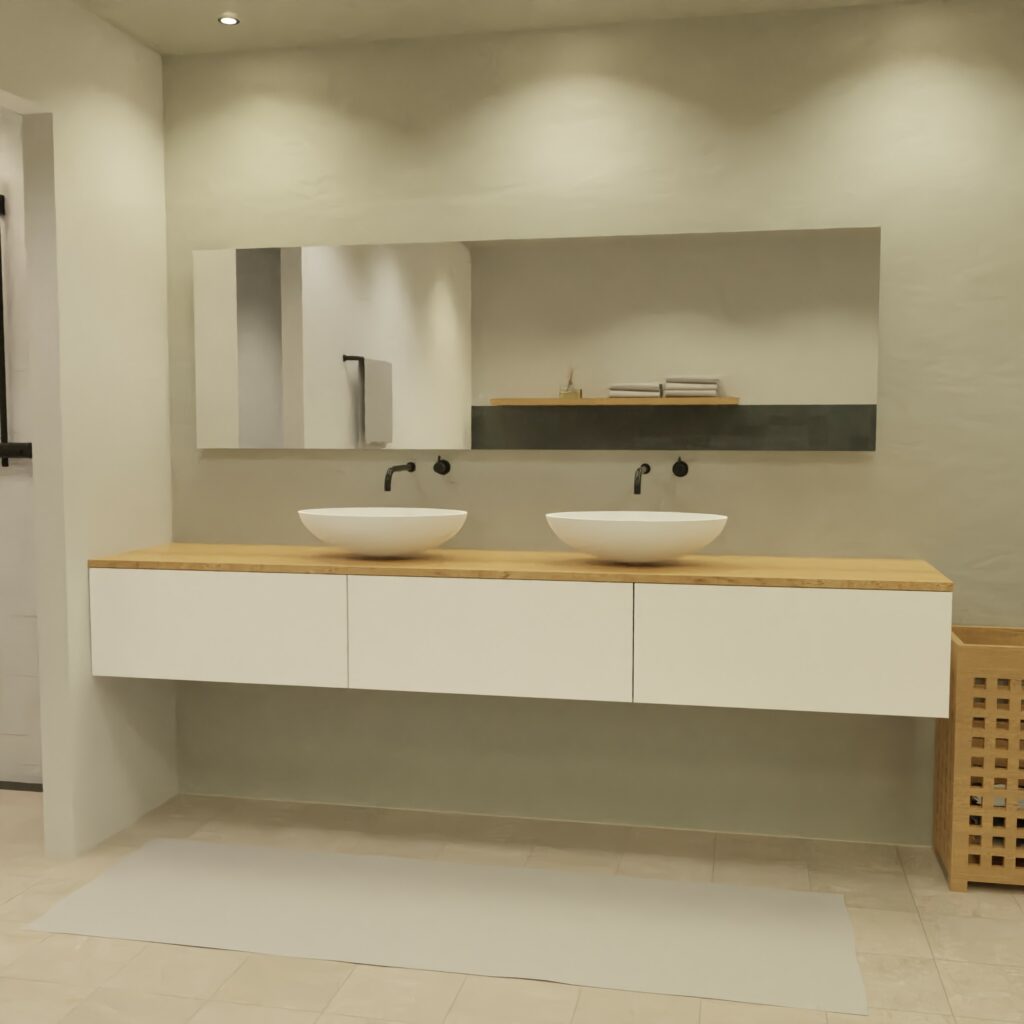 Maatwerk design wastafelkast, gemaakt van Wit melamine of gespoten mdf met een blad van eiken en 2 waskommen van Solid Surface. Het front te openen d.m.v. Push to Open