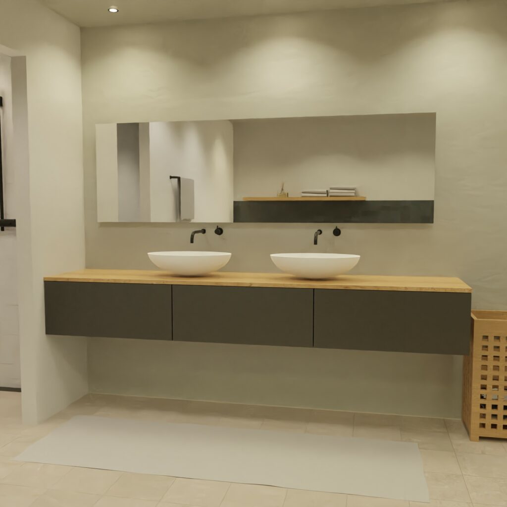 Maatwerk design badmeubel, gemaakt van Zwart melamine of gespoten mdf met een blad van eiken en 2 waskommen van Solid Surface. Het front te openen d.m.v. Push to Open