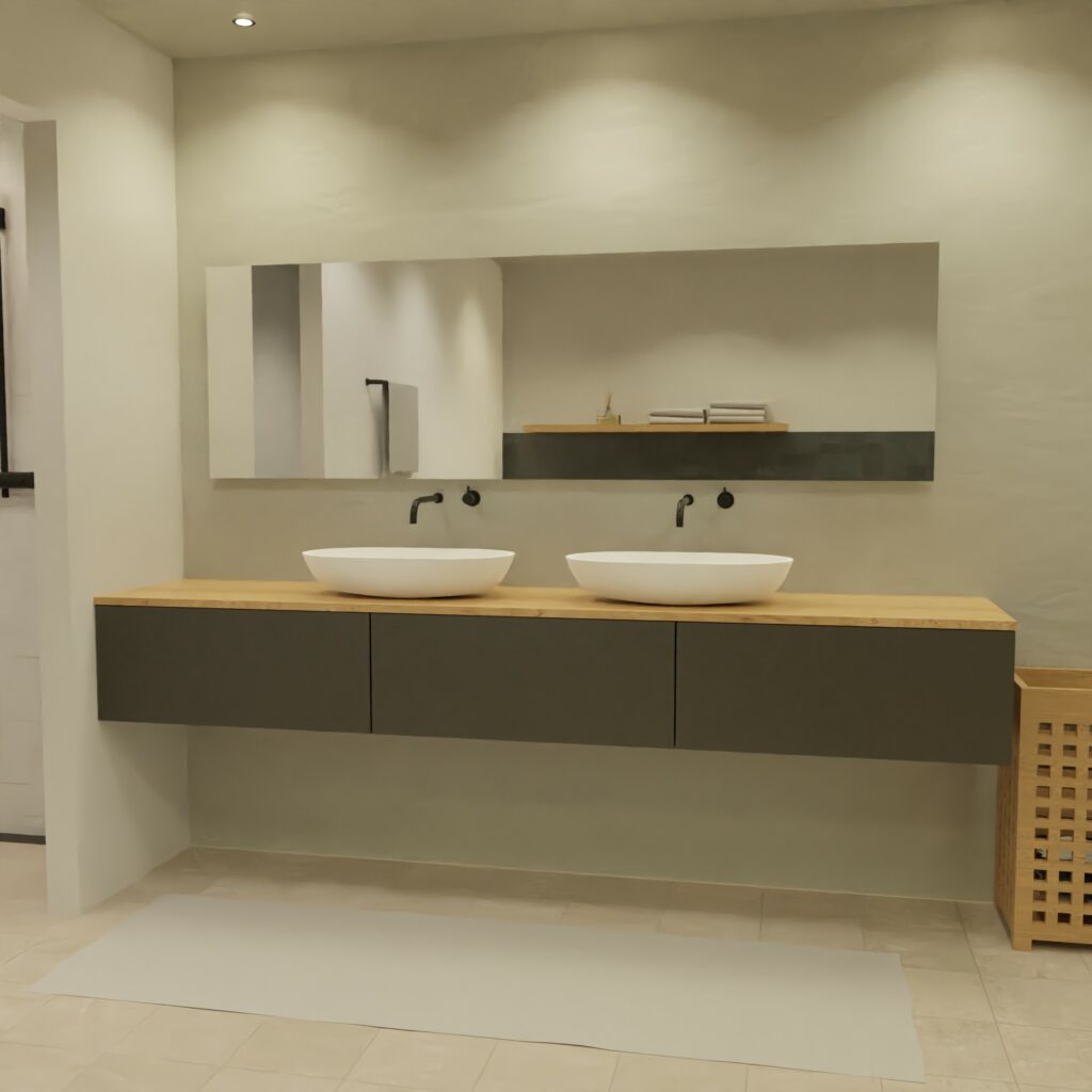 Maatwerk design wastafelmeubel, gemaakt van Zwart melamine of gespoten mdf met een blad van eiken en 2 waskommen van Solid Surface. Het front te openen d.m.v. Push to Open