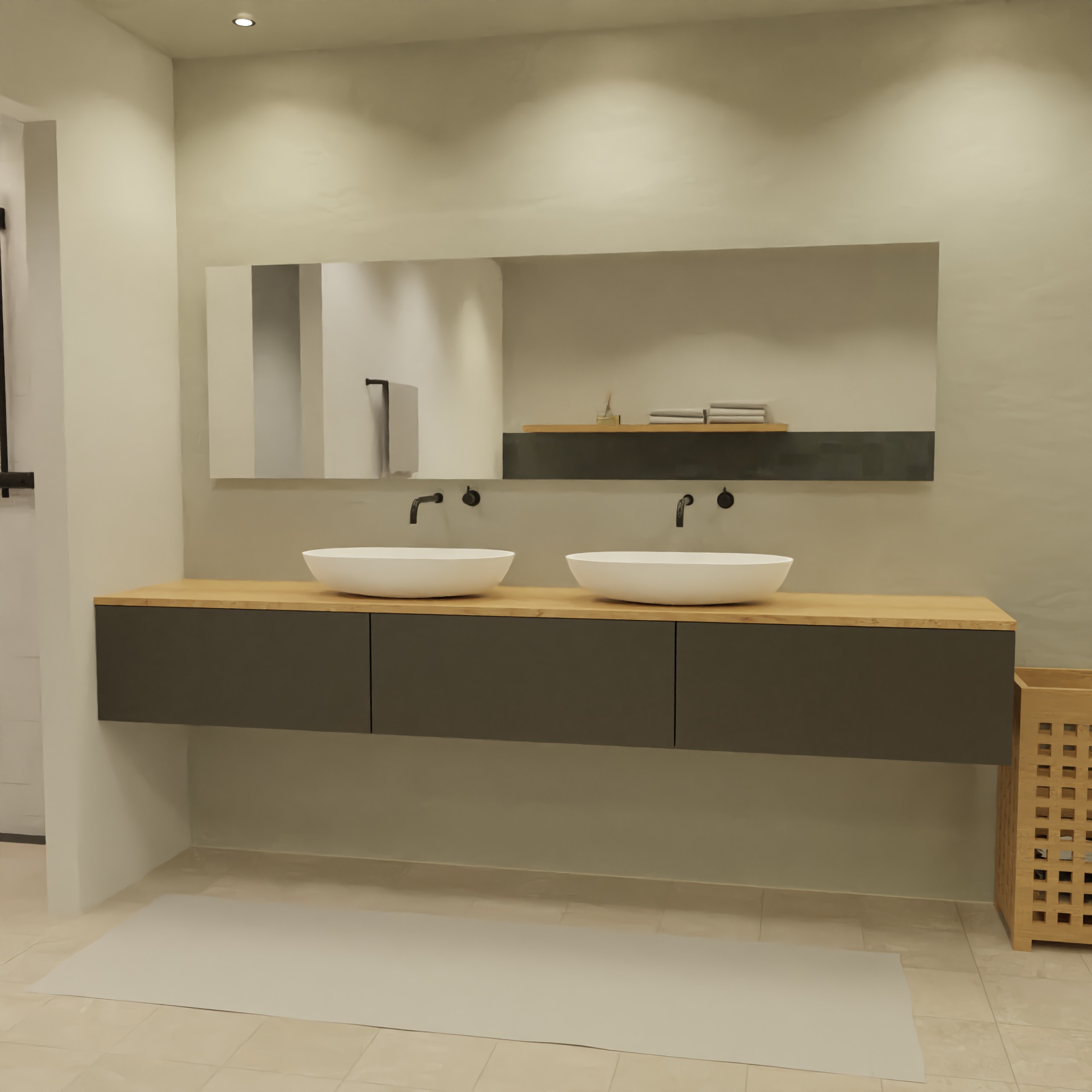 Maatwerk design wastafelmeubel, gemaakt van Zwart melamine of gespoten mdf met een blad van eiken en 2 waskommen van Solid Surface. Het front te openen d.m.v. Push to Open