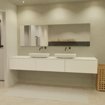 Maatwerk design wastafel onderkast, gemaakt van Wit melamine of gespoten mdf met een blad van solid surface en 2 waskommen van Solid Surface. Het front te openen d.m.v. Push to Open