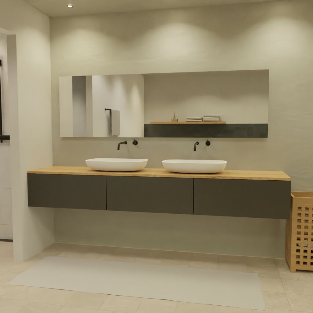 Maatwerk design wastafel onderkast, gemaakt van Zwart melamine of gespoten mdf met een blad van eiken en 2 waskommen van Solid Surface. Het front te openen d.m.v. Push to Open