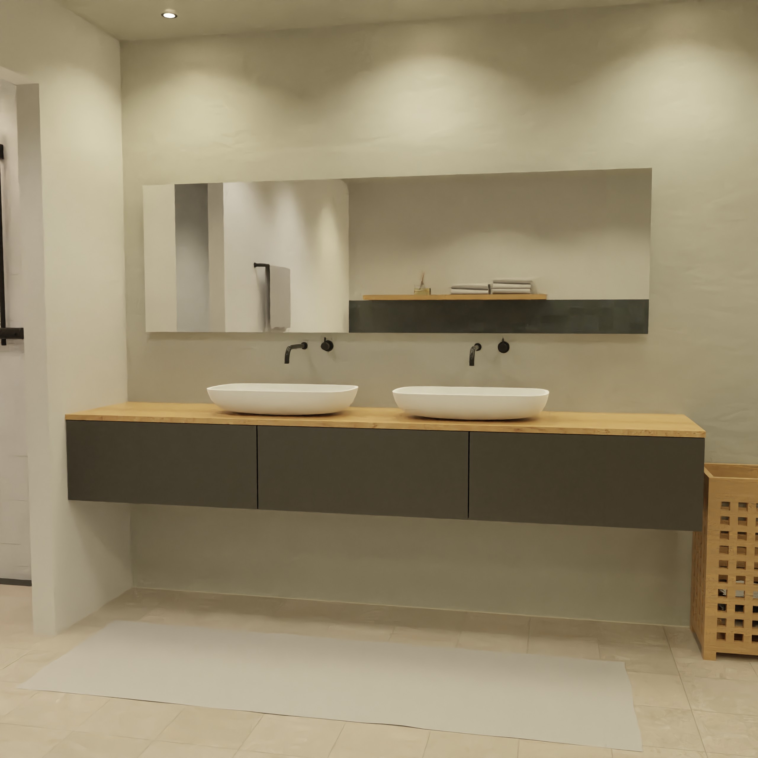 Maatwerk design wastafel onderkast, gemaakt van Zwart melamine of gespoten mdf met een blad van eiken en 2 waskommen van Solid Surface. Het front te openen d.m.v. Push to Open