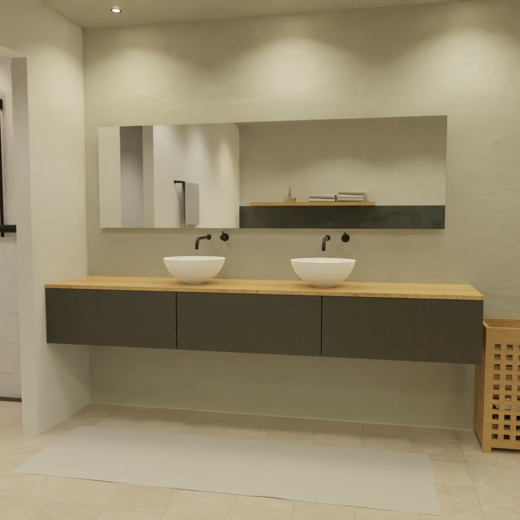 Maatwerk design wastafelkast, gemaakt van Zwart melamine of gespoten mdf met een blad van eiken en 2 waskommen van Solid Surface. Het front te openen d.m.v. Push to Open