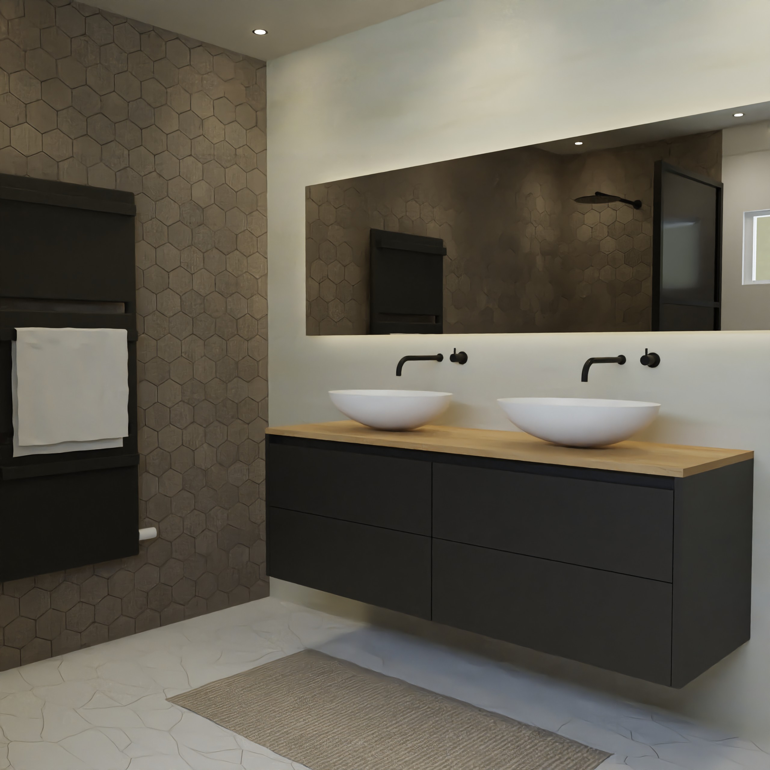 Maatwerk design wastafelmeubel, gemaakt van Zwart melamine of gespoten mdf met een blad van eiken en 2 waskommen van Solid Surface. Het front te openen d.m.v. Greeplijst boven