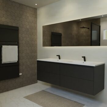 Maatwerk design wastafelkast, gemaakt van Zwart melamine of gespoten mdf met een blad van solid surface en 2 waskommen van Solid Surface. Het front te openen d.m.v. Greeplijst boven