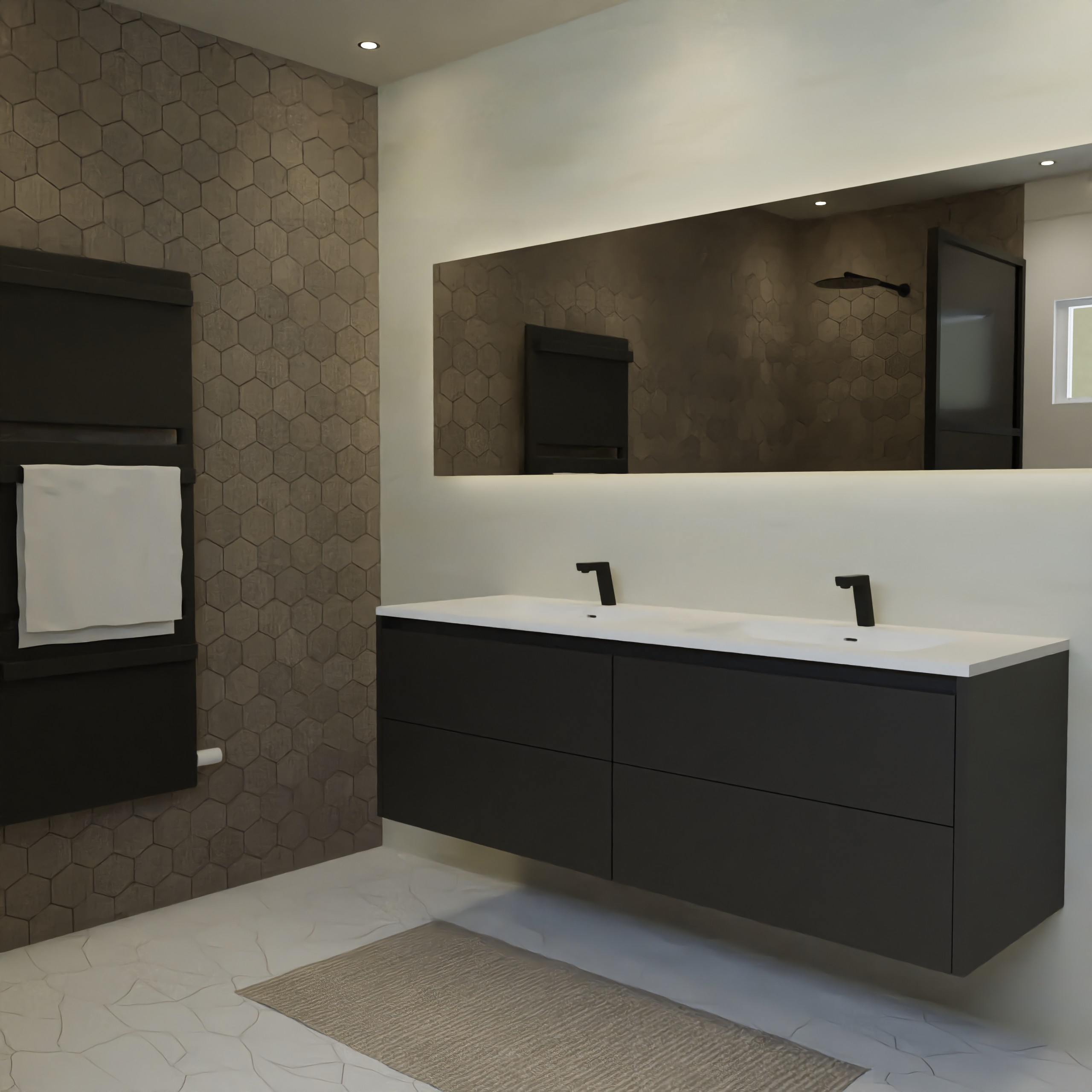 Maatwerk design wastafelkast, gemaakt van Zwart melamine of gespoten mdf met een blad van solid surface en 2 waskommen van Solid Surface. Het front te openen d.m.v. Greeplijst boven