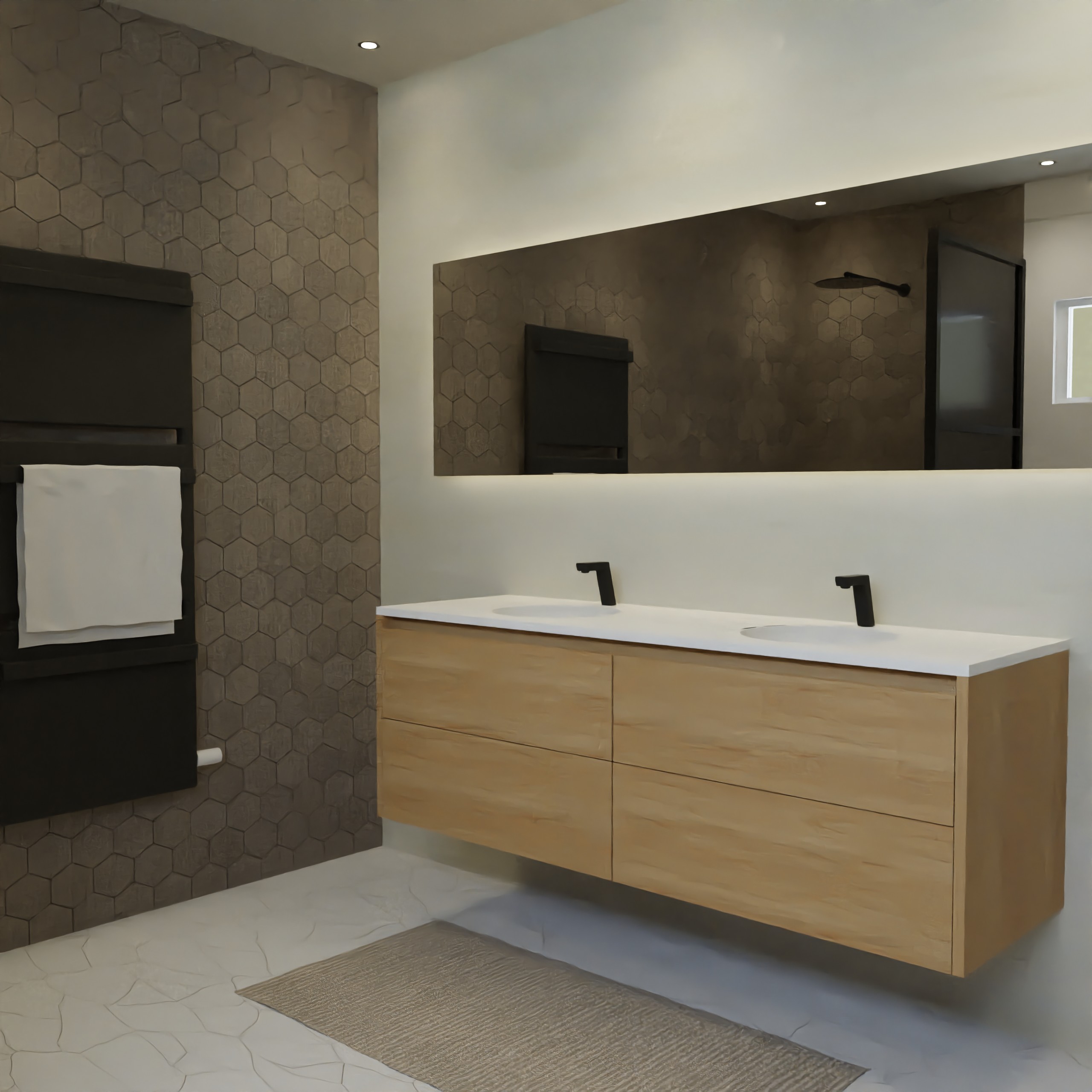 Maatwerk design wastafel onderkast, gemaakt van eiken hout fineer of eiken hout massief met een blad van solid surface en 2 waskommen van Solid Surface. Het front te openen d.m.v. Greeplijst boven