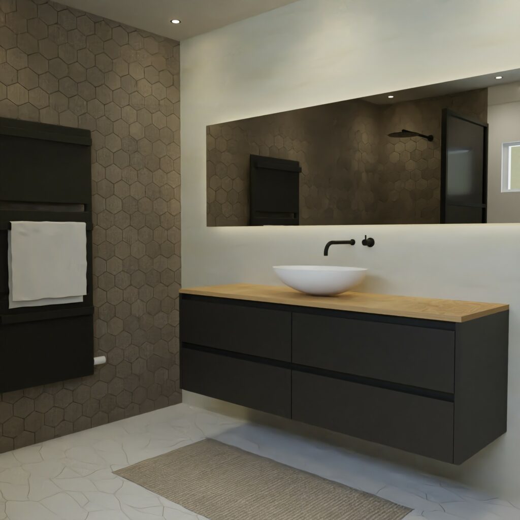 Maatwerk design badkamermeubel, gemaakt van Zwart melamine of gespoten mdf met een blad van eiken en 1 waskom van Solid Surface. Het front te openen d.m.v. Greeplijst boven en midden