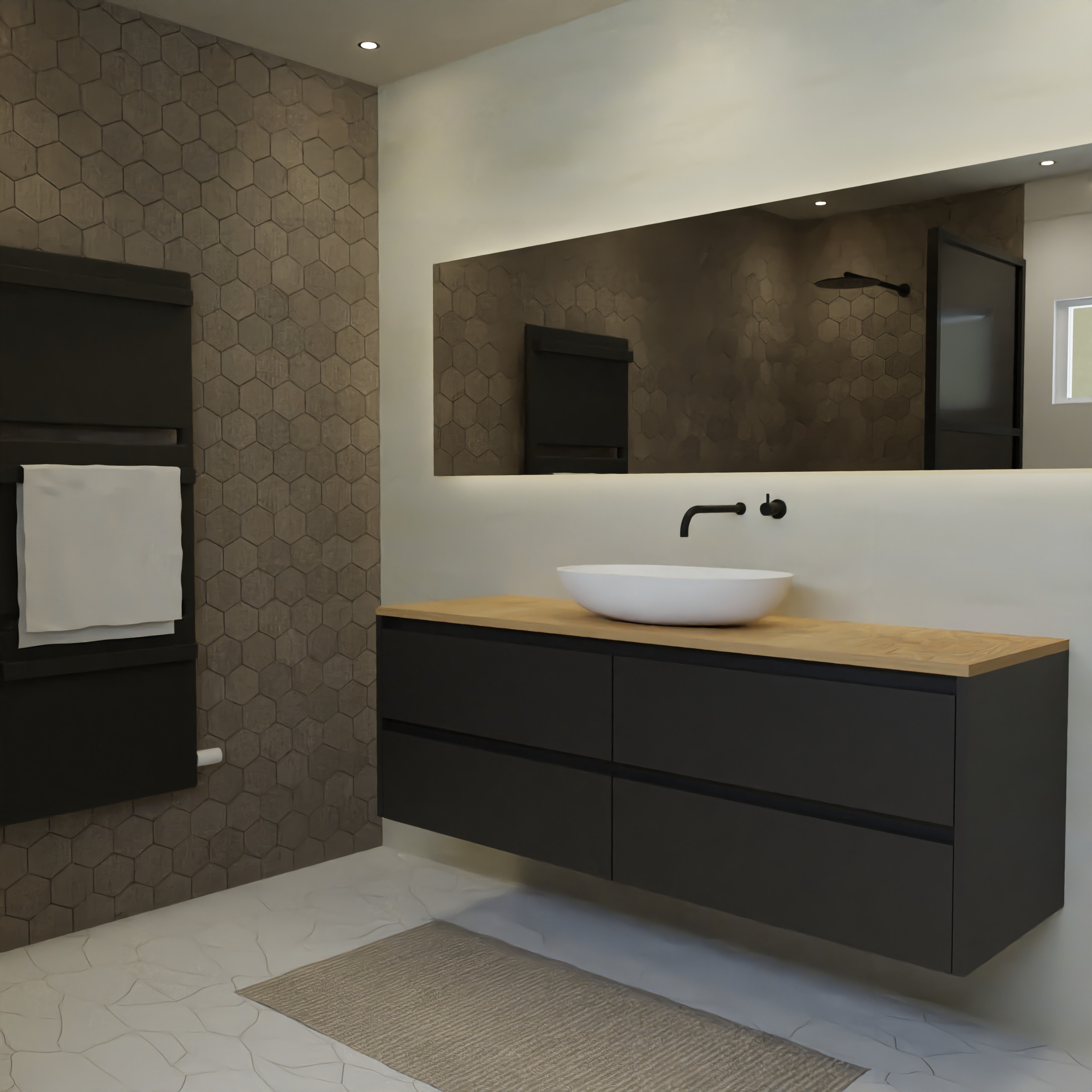 Maatwerk design wastafelkast, gemaakt van Zwart melamine of gespoten mdf met een blad van eiken en 1 waskom van Solid Surface. Het front te openen d.m.v. Greeplijst boven en midden