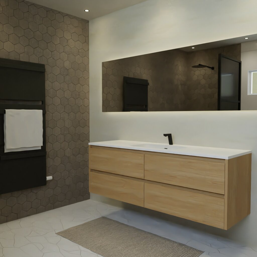 Maatwerk design badkamermeubel, gemaakt van eiken hout fineer of eiken hout massief met een blad van solid surface en 1 waskom van Solid Surface. Het front te openen d.m.v. Greeplijst boven en midden