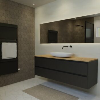 Maatwerk design wastafel onderkast, gemaakt van Zwart melamine of gespoten mdf met een blad van eiken en 1 waskom van Solid Surface. Het front te openen d.m.v. Greeplijst boven en midden