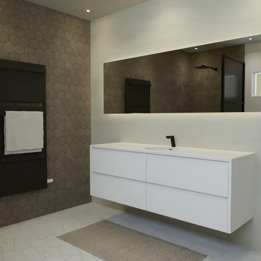 Maatwerk design badkamermeubel, gemaakt van Wit melamine of gespoten mdf met een blad van solid surface en 1 waskom van Solid Surface. Het front te openen d.m.v. Greeplijst boven en midden