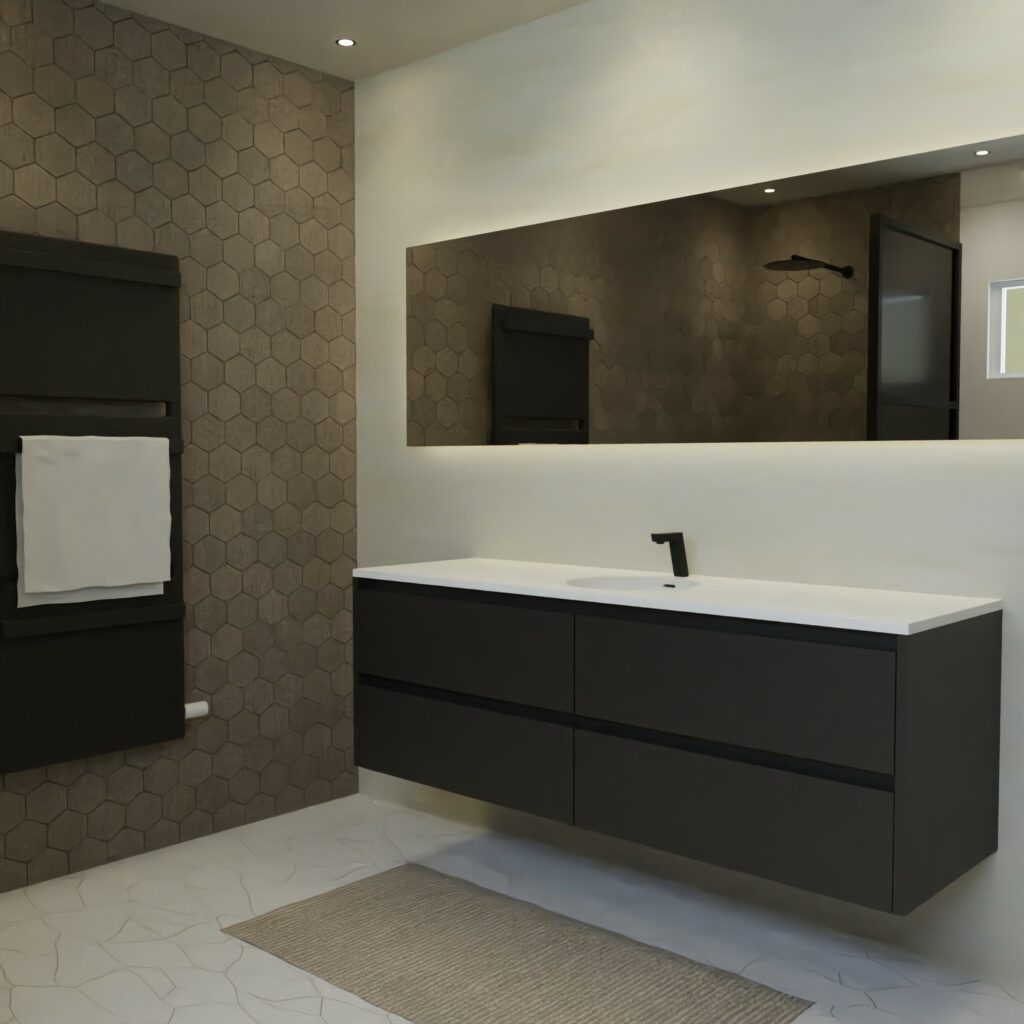 Maatwerk design wastafelmeubel, gemaakt van Zwart melamine of gespoten mdf met een blad van solid surface en 1 waskom van Solid Surface. Het front te openen d.m.v. Greeplijst boven en midden
