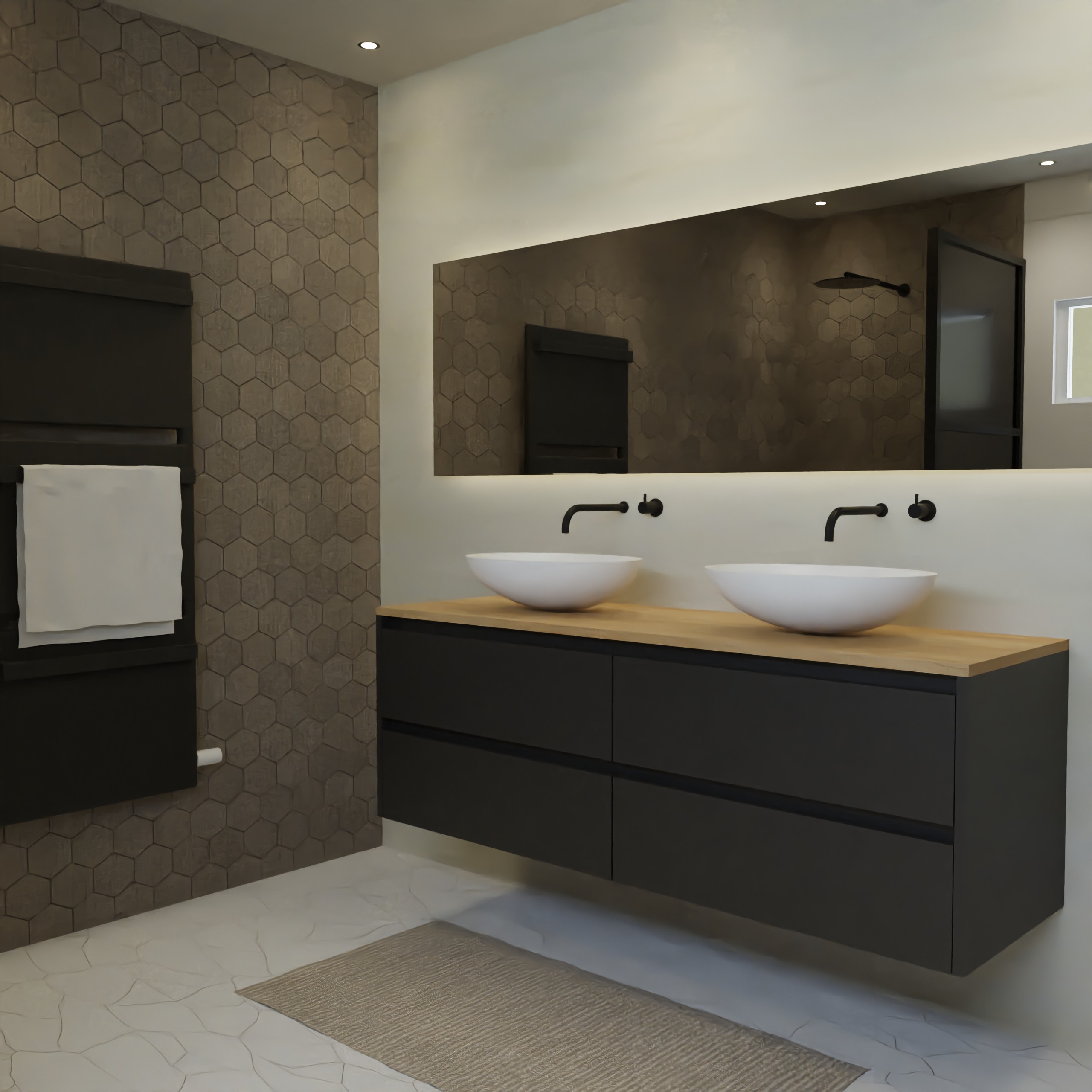 Maatwerk design badkamermeubel, gemaakt van Zwart melamine of gespoten mdf met een blad van eiken en 2 waskommen van Solid Surface. Het front te openen d.m.v. Greeplijst boven en midden