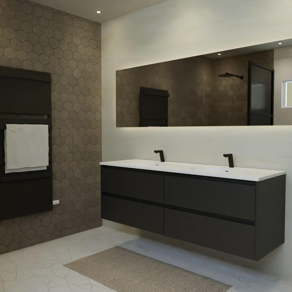 Maatwerk design wastafelmeubel, gemaakt van Zwart melamine of gespoten mdf met een blad van solid surface en 2 waskommen van Solid Surface. Het front te openen d.m.v. Greeplijst boven en midden