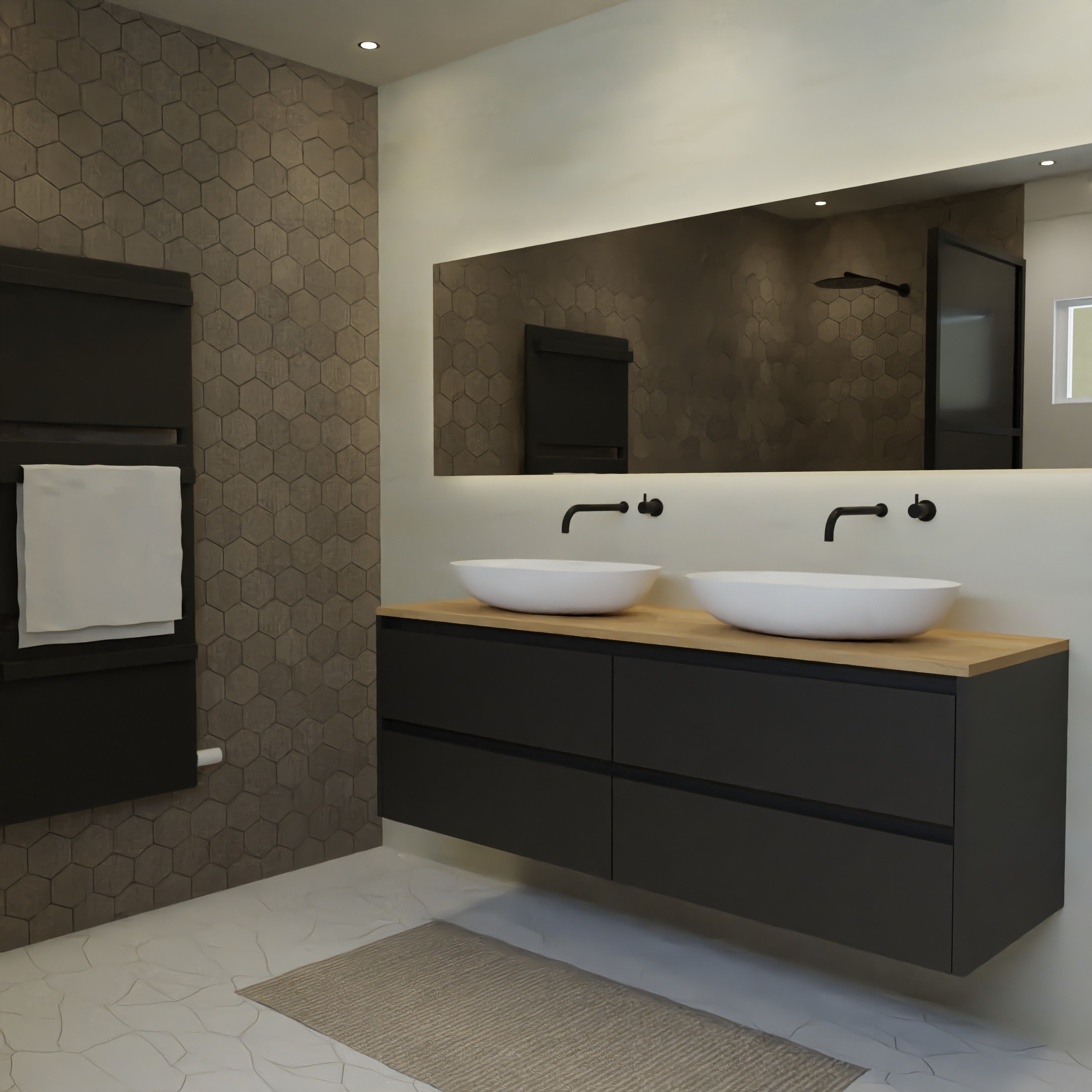 Maatwerk design badkamermeubel, gemaakt van Zwart melamine of gespoten mdf met een blad van eiken en 2 waskommen van Solid Surface. Het front te openen d.m.v. Greeplijst boven en midden