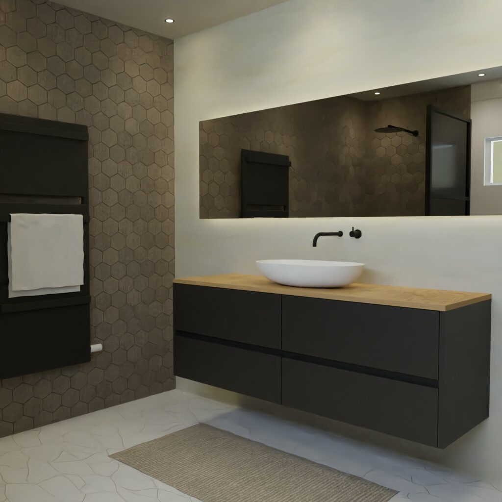 Maatwerk design wastafelmeubel, gemaakt van Zwart melamine of gespoten mdf met een blad van eiken en 1 waskom van Solid Surface. Het front te openen d.m.v. Greeplijst midden