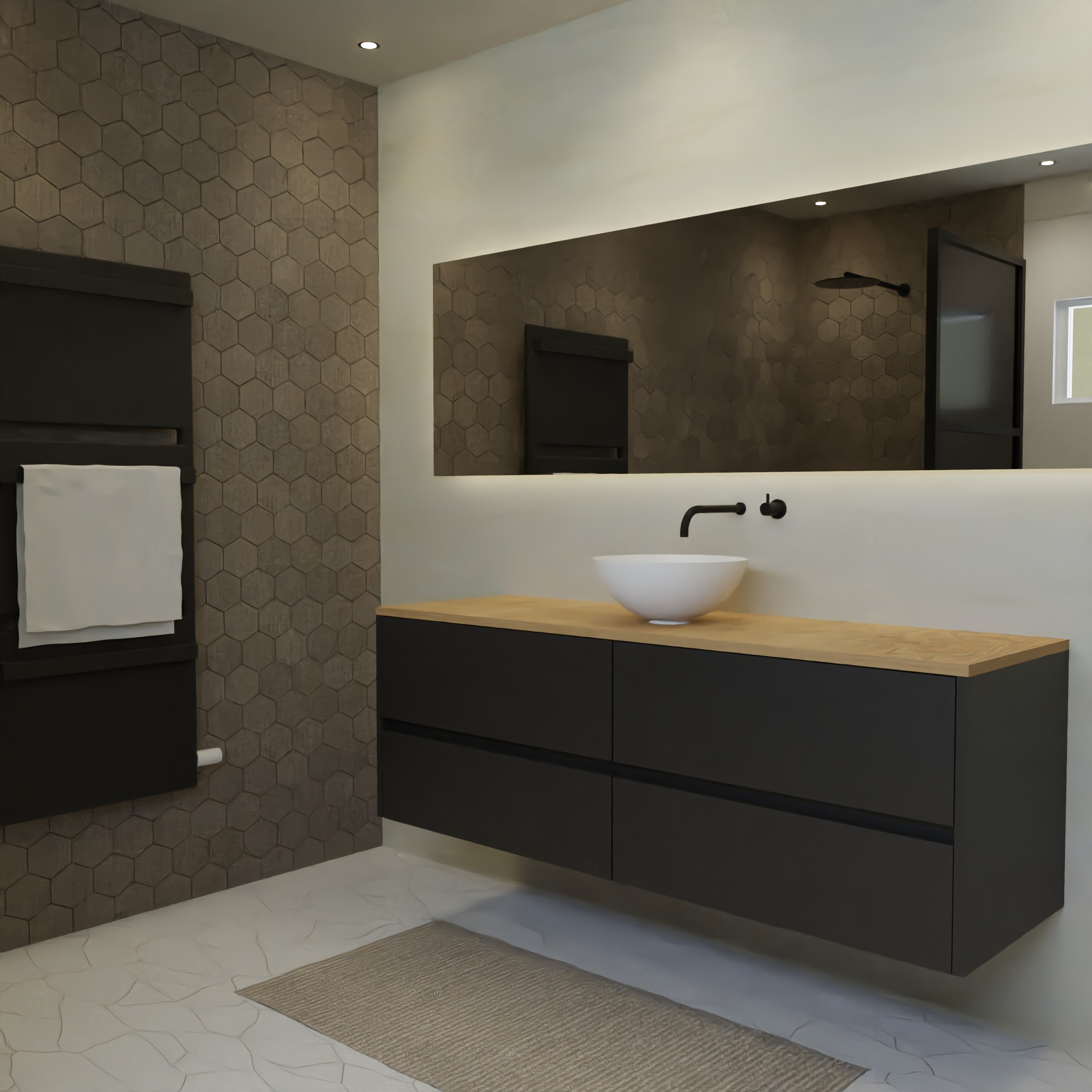 Maatwerk design badkamermeubel, gemaakt van Zwart melamine of gespoten mdf met een blad van eiken en 1 waskom van Solid Surface. Het front te openen d.m.v. Greeplijst midden