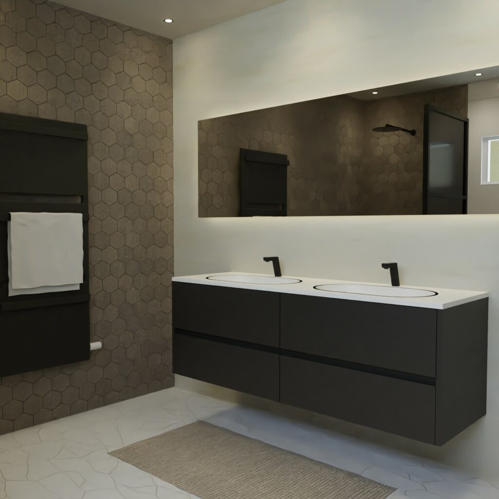 Maatwerk design wastafelmeubel, gemaakt van Zwart melamine of gespoten mdf met een blad van solid surface en 2 waskommen van Solid Surface. Het front te openen d.m.v. Greeplijst midden
