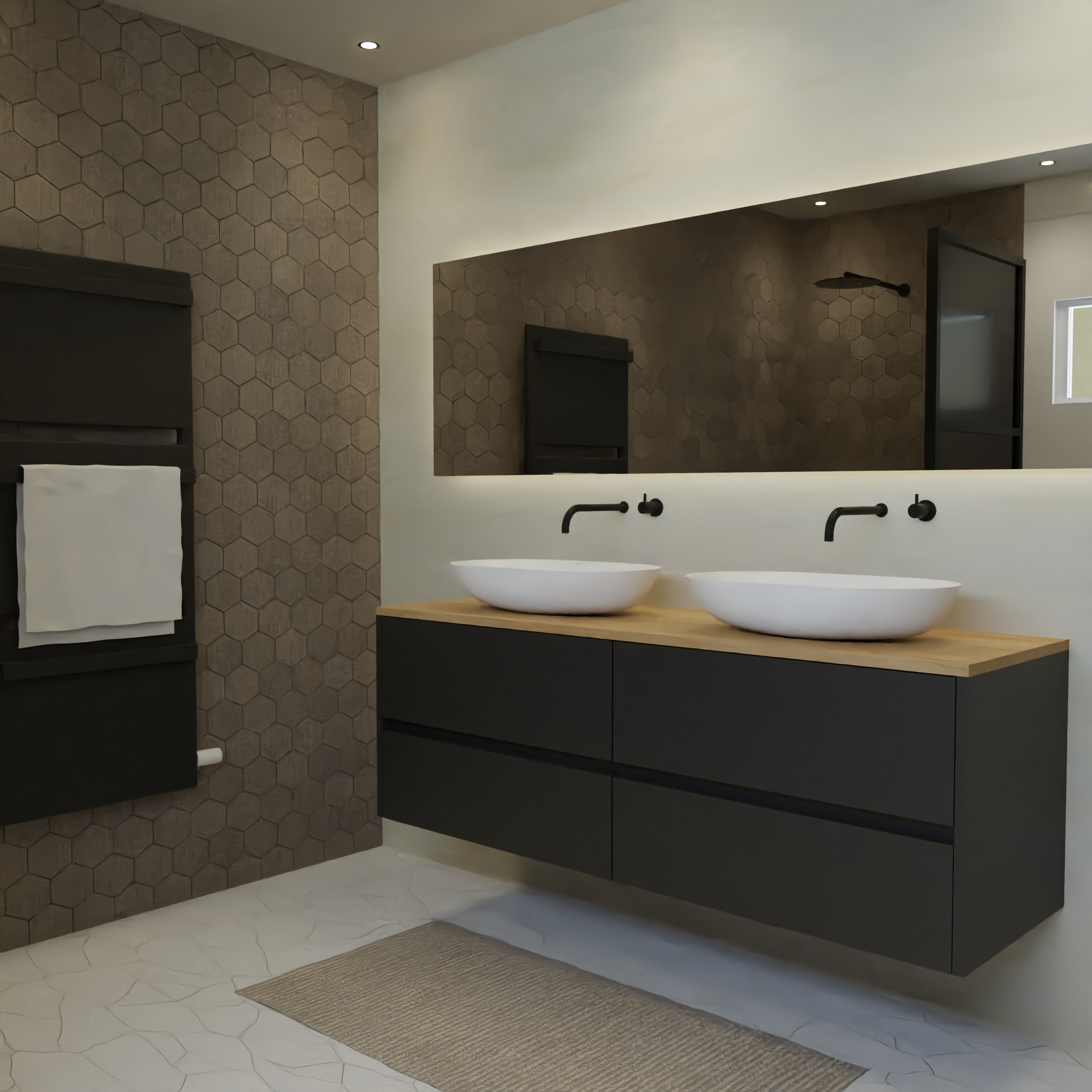 Maatwerk design wastafel onderkast, gemaakt van Zwart melamine of gespoten mdf met een blad van eiken en 2 waskommen van Solid Surface. Het front te openen d.m.v. Greeplijst midden