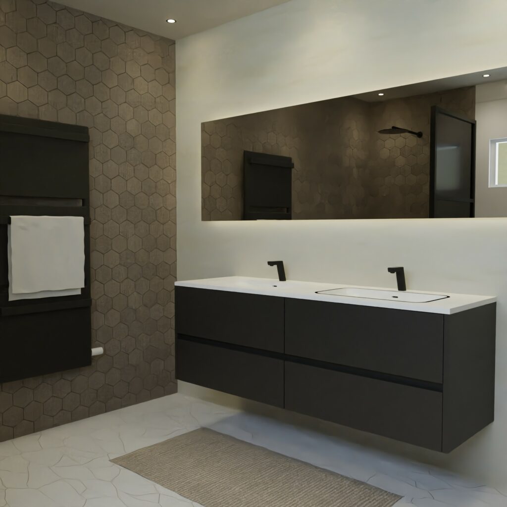 Maatwerk design badmeubel, gemaakt van Zwart melamine of gespoten mdf met een blad van solid surface en 2 waskommen van Solid Surface. Het front te openen d.m.v. Greeplijst midden