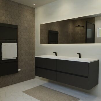 Maatwerk design wastafel onderkast, gemaakt van Zwart melamine of gespoten mdf met een blad van solid surface en 2 waskommen van Solid Surface. Het front te openen d.m.v. Greeplijst midden