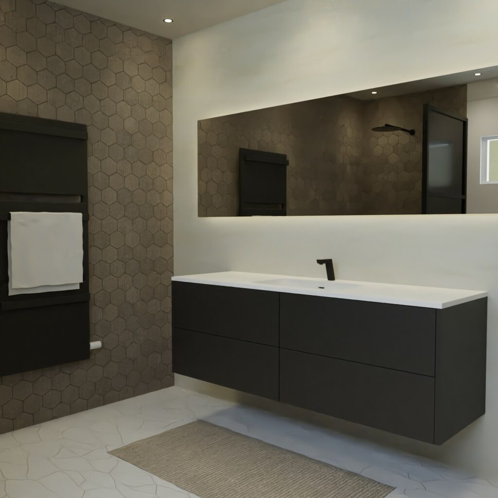 Maatwerk design wastafelmeubel, gemaakt van Zwart melamine of gespoten mdf met een blad van solid surface en 1 waskom van Solid Surface. Het front te openen d.m.v. Push to Open