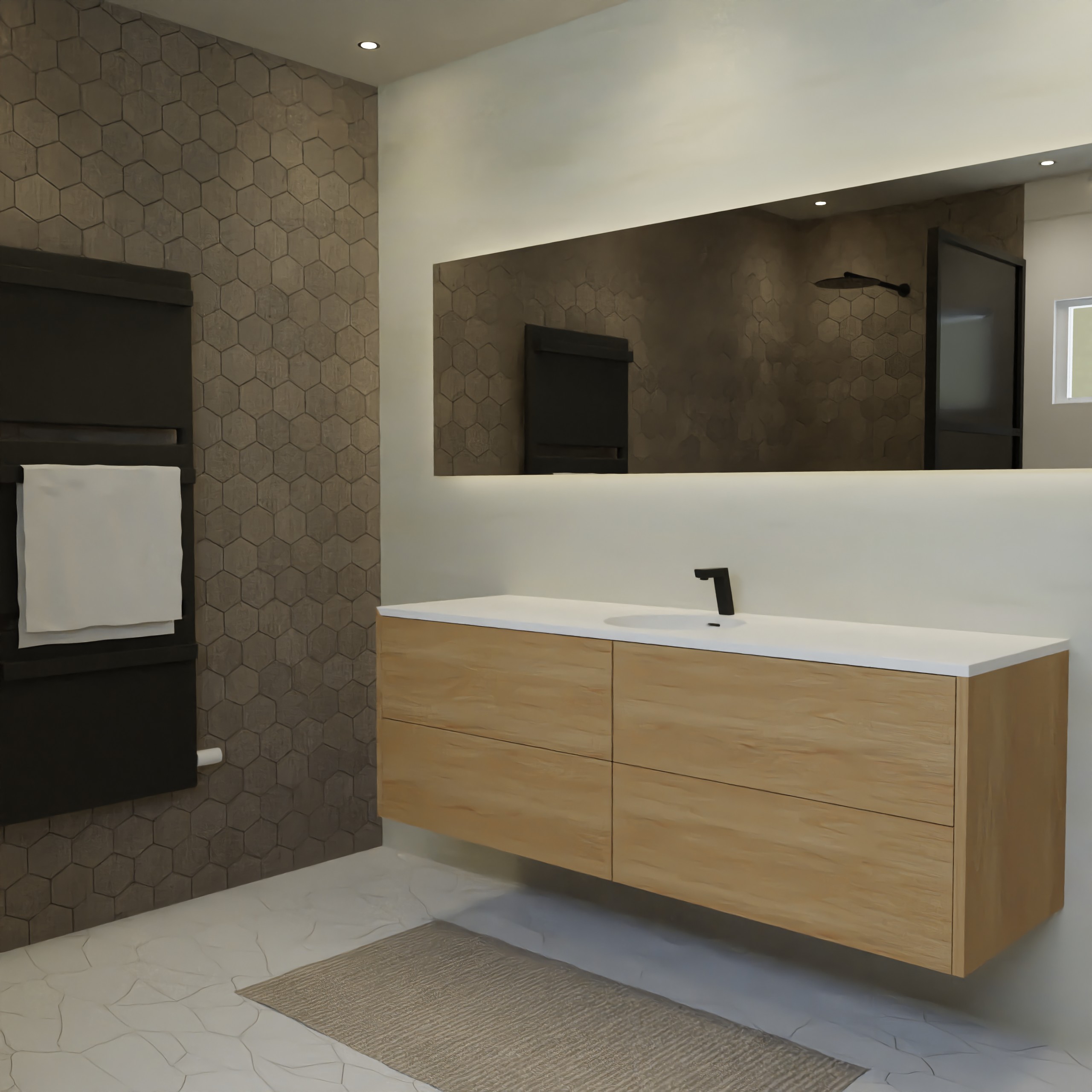 Maatwerk design badkamermeubel, gemaakt van eiken hout fineer of eiken hout massief met een blad van solid surface en 1 waskom van Solid Surface. Het front te openen d.m.v. Push to Open