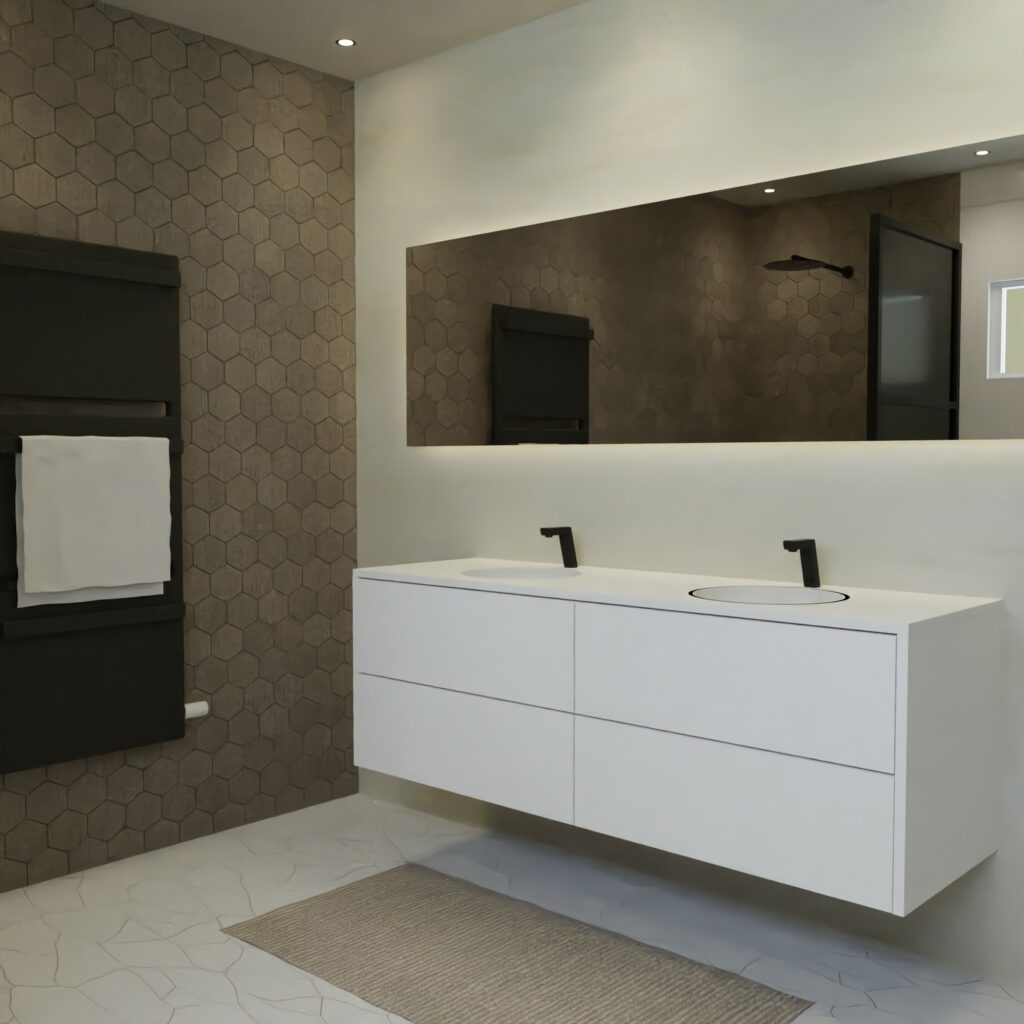 Maatwerk design wastafelmeubel, gemaakt van Wit melamine of gespoten mdf met een blad van solid surface en 2 waskommen van Solid Surface. Het front te openen d.m.v. Push to Open