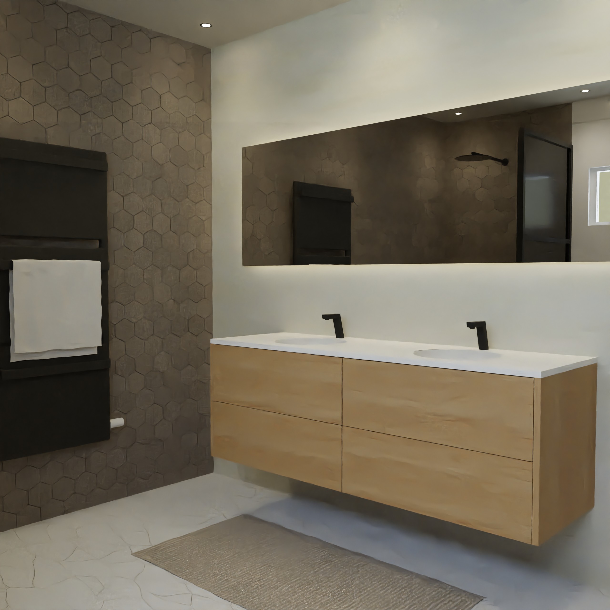 Maatwerk design badkamermeubel, gemaakt van eiken hout fineer of eiken hout massief met een blad van solid surface en 2 waskommen van Solid Surface. Het front te openen d.m.v. Push to Open