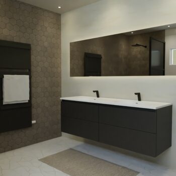 Maatwerk design badkamermeubel, gemaakt van Zwart melamine of gespoten mdf met een blad van solid surface en 2 waskommen van Solid Surface. Het front te openen d.m.v. Greeplijst boven