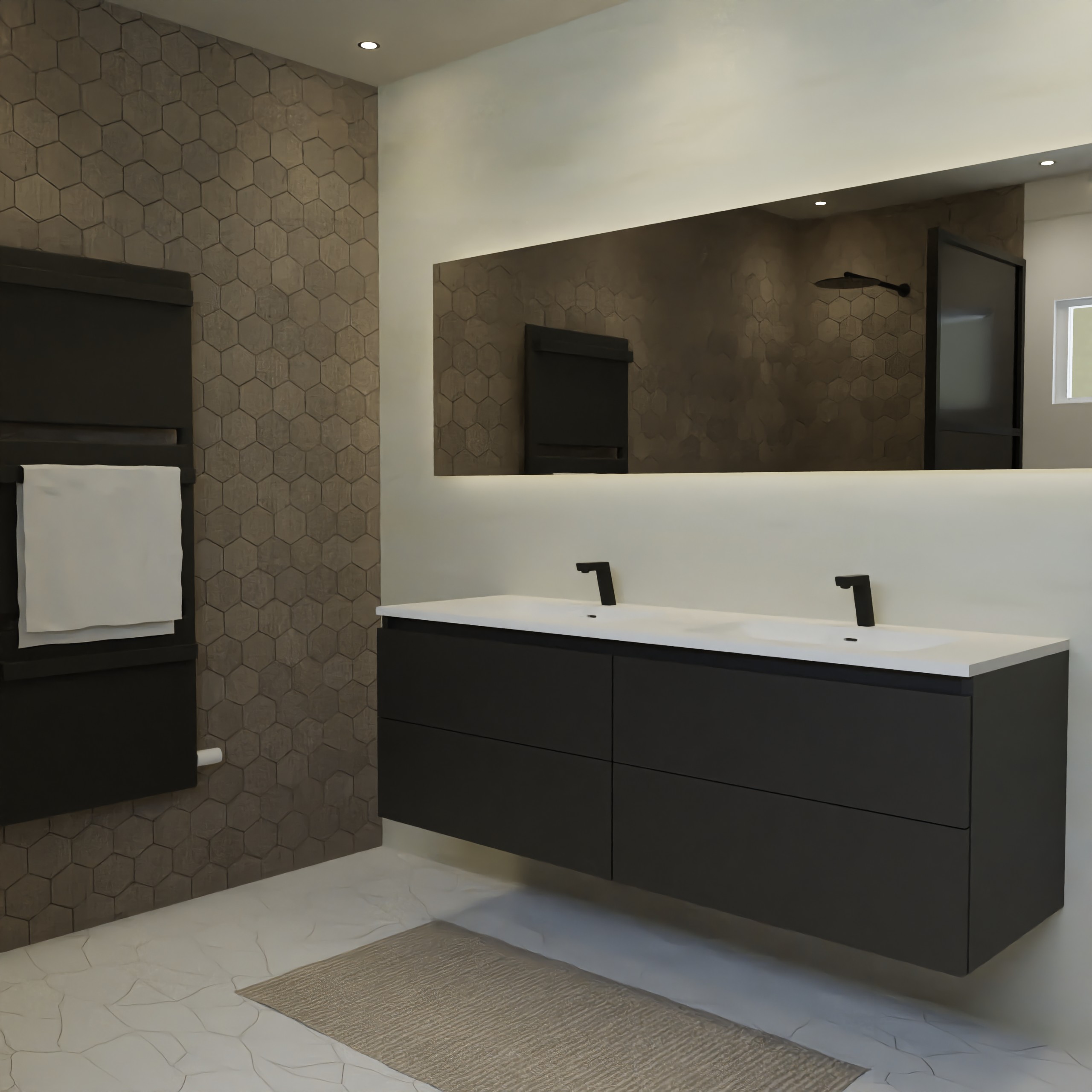 Maatwerk design badkamermeubel, gemaakt van Zwart melamine of gespoten mdf met een blad van solid surface en 2 waskommen van Solid Surface. Het front te openen d.m.v. Greeplijst boven